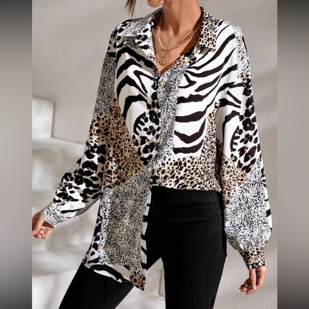 Boho zebra and leopard print button down blouse